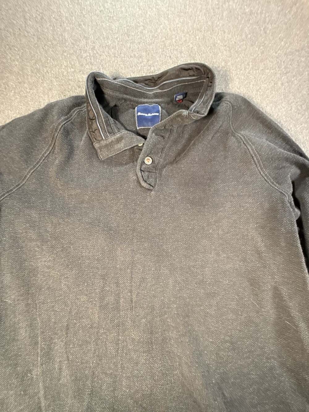 Tommy Bahama Men's Grey Cotton Herringbone Button Placket Long Sleeve Polo Shirt